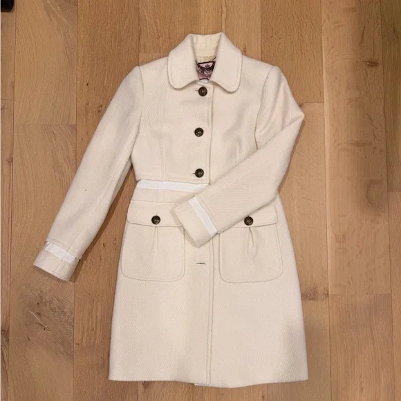 Juicy Couture Wool Blend Coat Size Medium Ivory Belted Button Front Classic - Picture 1 of 2